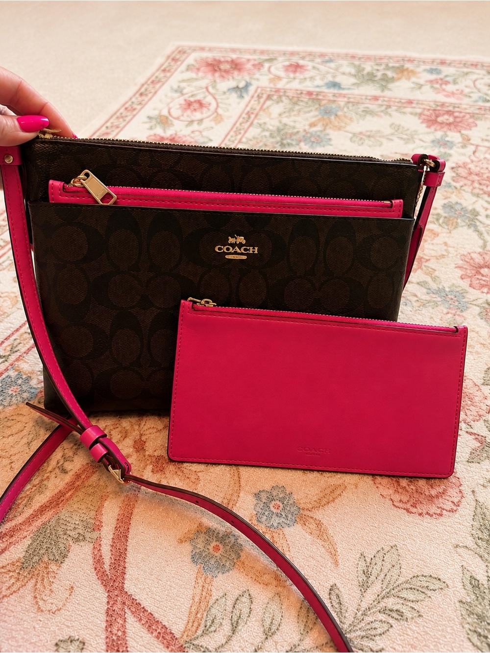 Coach Brown Signature Crossbody with Bright Pink Pouch and Trim